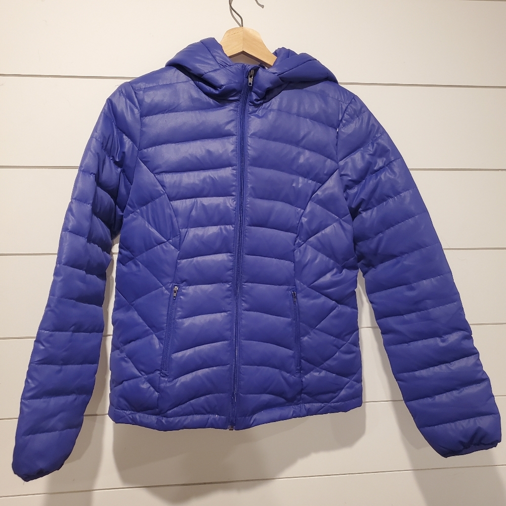 Black Rivet Medium Down Farther puff Jacket Hooded Warm Puffer Coat Blue Purple